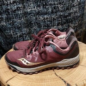Saucony Burgundy and Mauve Running Shoe With Gold Logo